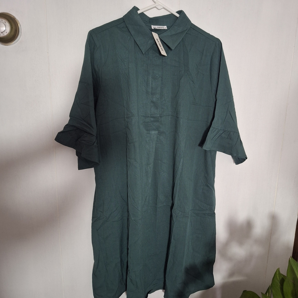 Elegant Green Button-Down Shirt Dress